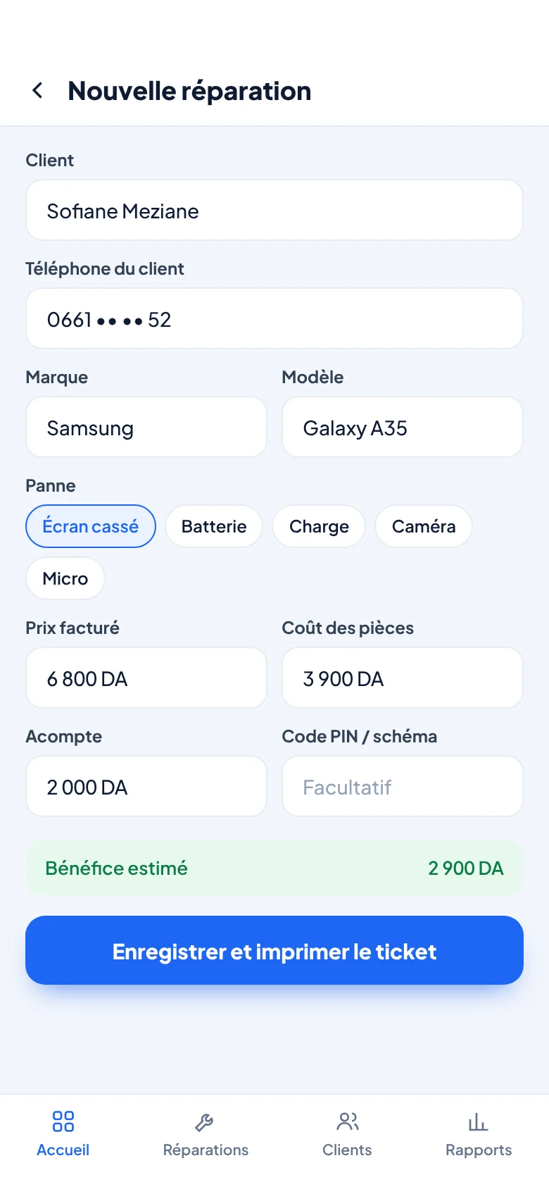 Formulaire de nouvelle réparation sur Android