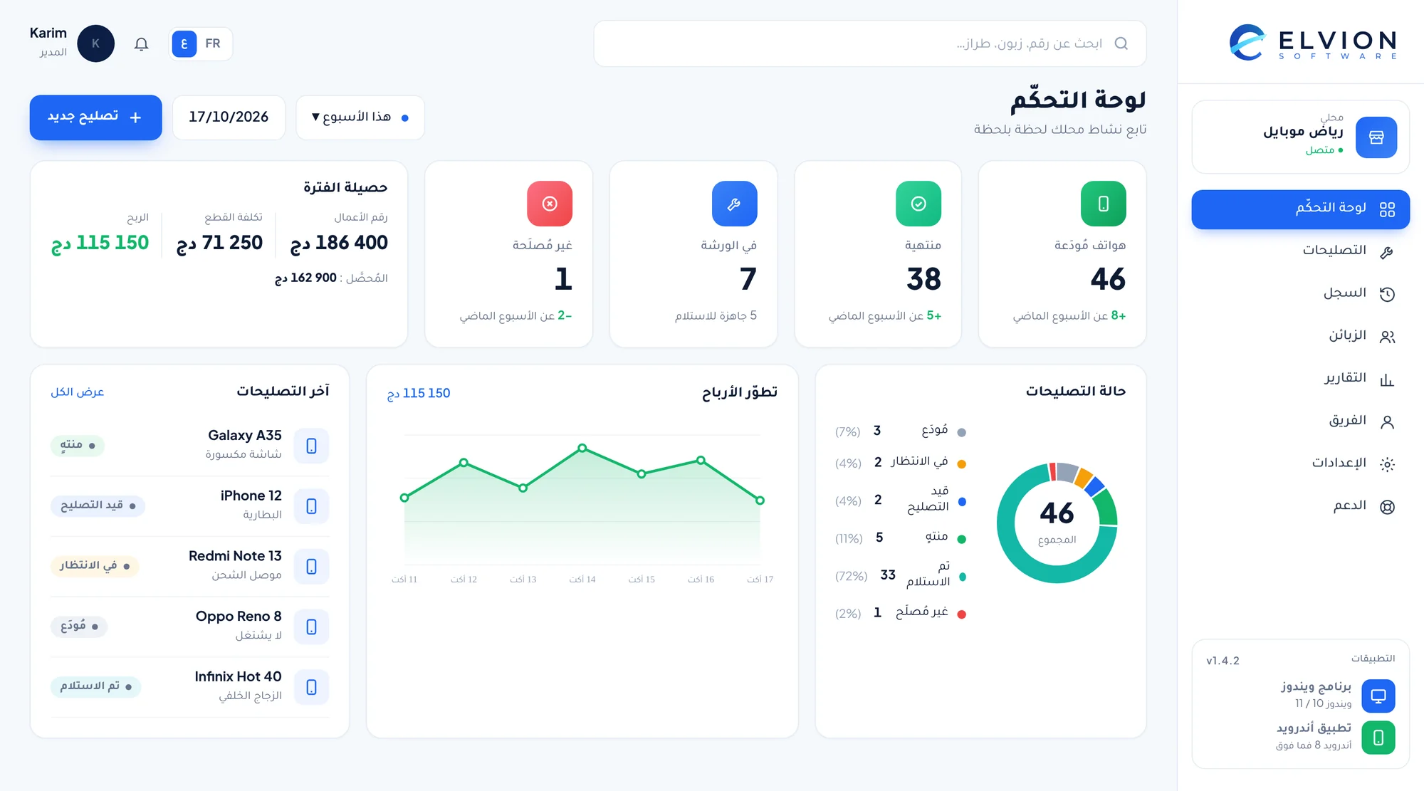 Tableau de bord Elvion en arabe