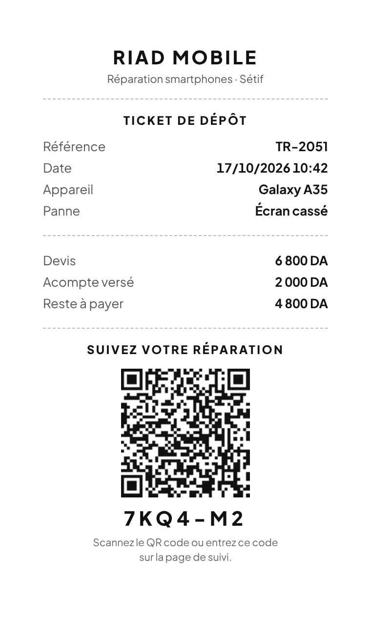 Ticket de dépôt imprimé avec QR code de suivi